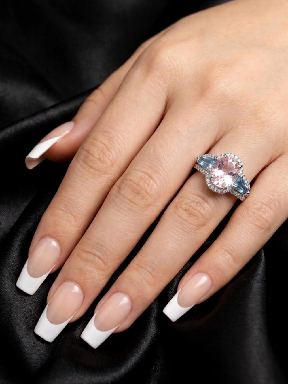 S925 Stamped Sterling Silver Pink & Blue Three-Stone Cocktail Ring
